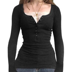 Women Y2k Fairy Grunge Tops Long Sleeve Lace Trim V Neck Shirt Vintage Aesthetic Button Up Top Teen Girls Fitted Blouse in Kuwait