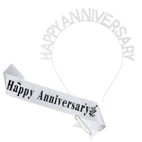 YARIEW Happy Anniversary Headband and Sash Set for Women and Girls, Rhinestone Headband and Silver Sash for Happy Anniversary Decorations Gifts for Women in Kuwait