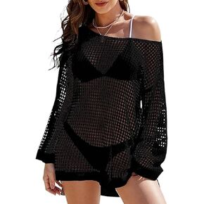 Beach Cover Ups For Women Sleeve Crochet Cover Up Bathing Suit Mesh Swimwear Knit Pullover Beach Dress Vacation Outfits in Saudi Arabia