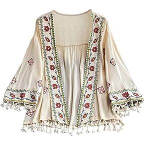 سترة نسائية بوهيمية كيمونو مطرزة بشراشيب ومطبوعة فضفاضة للشاطئ معطف برقبة على شكل حرف V in Kuwait