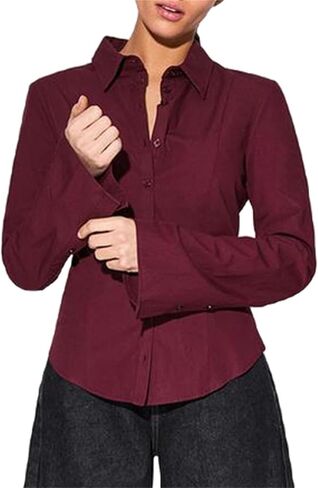 Women Y2K Slim Fit Button Up Shirt Sexy Long Sleeve V Neck Solid Color Crop Blouse Casual Aesthetic Preppy Streetwear in Saudi Arabia