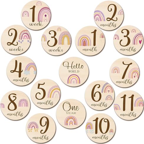 16 Pieces Wooden Baby Monthly Milestone Cards Baby Monthly Milestone Marker Discs Double Sided Monthly Milestone Wooden Circles Baby Months Signs for Baby Shower Newborn Photo Props (Cow and Leaves) in Kuwait