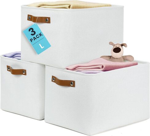 OrganiHaus 15x11in Canvas Storage Baskets 3 Pack - Fabric Bins for Shelves | Vegan leather handles; a decorative closet organizer for clothes, shoes, or toys; bedroom container in Saudi Arabia