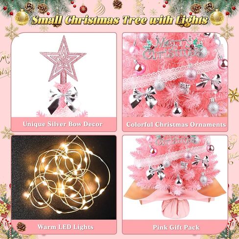 Small Pink Christmas Tree with Lights, 2ft Artificial Mini Tabletop Christmas Tree Decorations with Star Tree Topper, Balls Ornaments, Gift Pack, 30 Pcs Mini DIY Xmas Trees for Toddler, Kids in Kuwait