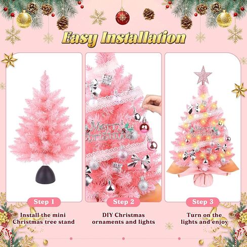 Small Pink Christmas Tree with Lights, 2ft Artificial Mini Tabletop Christmas Tree Decorations with Star Tree Topper, Balls Ornaments, Gift Pack, 30 Pcs Mini DIY Xmas Trees for Toddler, Kids in Kuwait