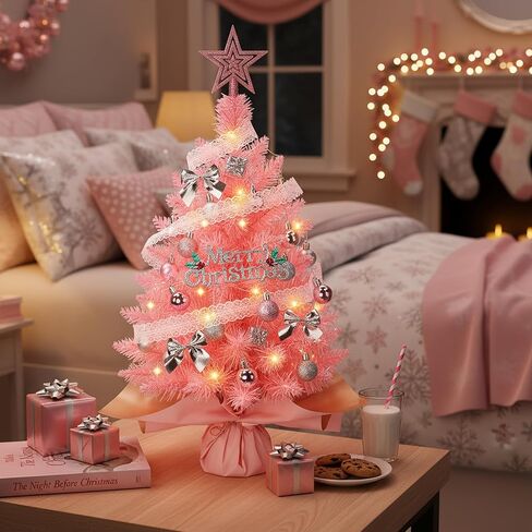 Small Pink Christmas Tree with Lights, 2ft Artificial Mini Tabletop Christmas Tree Decorations with Star Tree Topper, Balls Ornaments, Gift Pack, 30 Pcs Mini DIY Xmas Trees for Toddler, Kids in Kuwait