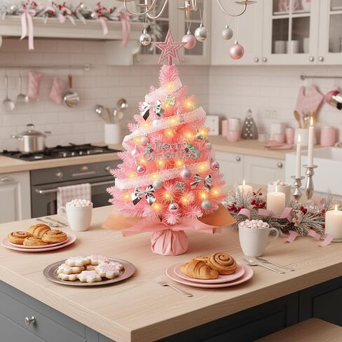 Small Pink Christmas Tree with Lights, 2ft Artificial Mini Tabletop Christmas Tree Decorations with Star Tree Topper, Balls Ornaments, Gift Pack, 30 Pcs Mini DIY Xmas Trees for Toddler, Kids in Kuwait