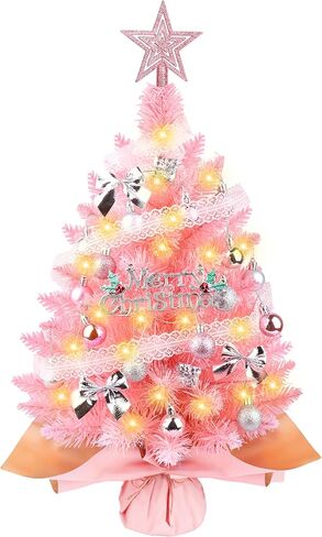 Small Pink Christmas Tree with Lights, 2ft Artificial Mini Tabletop Christmas Tree Decorations with Star Tree Topper, Balls Ornaments, Gift Pack, 30 Pcs Mini DIY Xmas Trees for Toddler, Kids in Kuwait