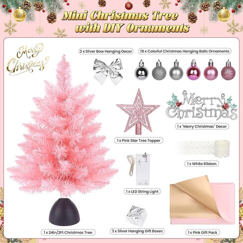 Small Pink Christmas Tree with Lights, 2ft Artificial Mini Tabletop Christmas Tree Decorations with Star Tree Topper, Balls Ornaments, Gift Pack, 30 Pcs Mini DIY Xmas Trees for Toddler, Kids in Kuwait