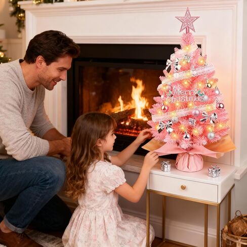 Small Pink Christmas Tree with Lights, 2ft Artificial Mini Tabletop Christmas Tree Decorations with Star Tree Topper, Balls Ornaments, Gift Pack, 30 Pcs Mini DIY Xmas Trees for Toddler, Kids in Kuwait