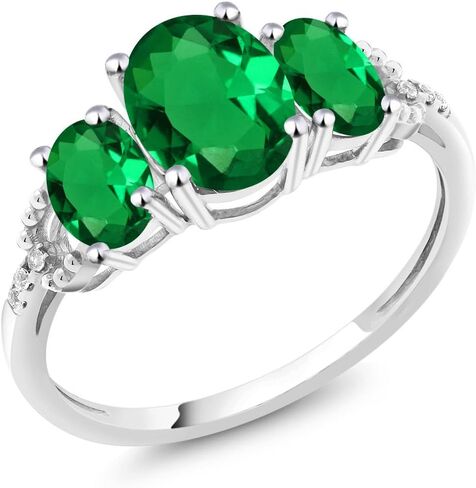 Gem Stone King 10K White Gold Green Simulated Emerald and Diamond Accent 3-Stone Engagement Ring | 1.85 Cttw | 3 Stone Wedding Anniversary Gold Promise Ring For Women in Saudi Arabia