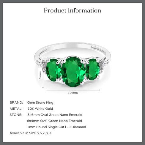 Gem Stone King 10K White Gold Green Simulated Emerald and Diamond Accent 3-Stone Engagement Ring | 1.85 Cttw | 3 Stone Wedding Anniversary Gold Promise Ring For Women in Saudi Arabia
