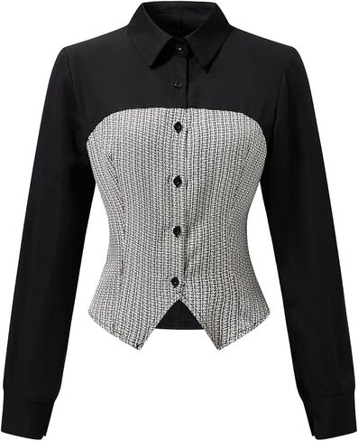 Women's Houndstooth Print Color Block Shirt Button Down Long Sleeve Collared Elegant Work Blouses in Saudi Arabia