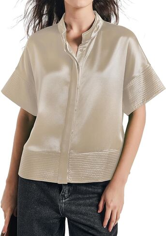 D-Sun Women's Casual Button Down Shirts Oversized Short Sleeve Stand Collar Tops Trendy Work Blouses in Saudi Arabia