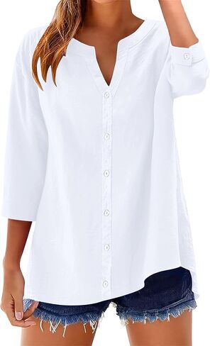 Womens Cotton Linen Button Down Shirts 3/4 Sleeve Casual Loose Fit V Neck Stylish Breathable Summer Spring Blouses Top in Saudi Arabia