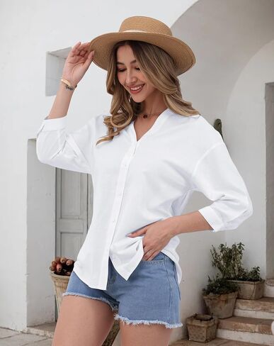 Womens Cotton Linen Button Down Shirts 3/4 Sleeve Casual Loose Fit V Neck Stylish Breathable Summer Spring Blouses Top in Saudi Arabia