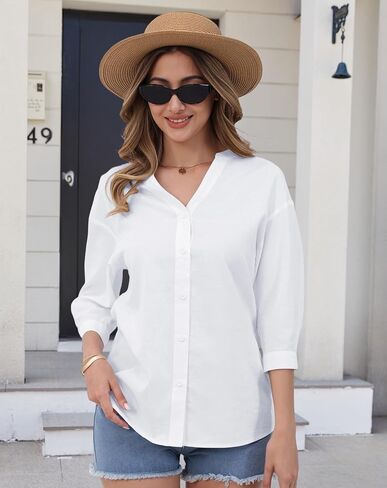 Womens Cotton Linen Button Down Shirts 3/4 Sleeve Casual Loose Fit V Neck Stylish Breathable Summer Spring Blouses Top in Saudi Arabia