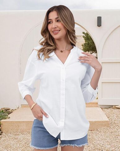 Womens Cotton Linen Button Down Shirts 3/4 Sleeve Casual Loose Fit V Neck Stylish Breathable Summer Spring Blouses Top in Saudi Arabia