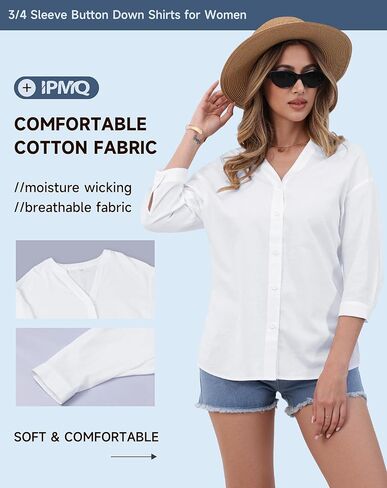 Womens Cotton Linen Button Down Shirts 3/4 Sleeve Casual Loose Fit V Neck Stylish Breathable Summer Spring Blouses Top in Saudi Arabia