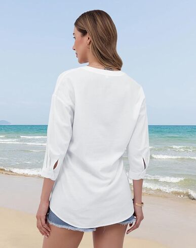 Womens Cotton Linen Button Down Shirts 3/4 Sleeve Casual Loose Fit V Neck Stylish Breathable Summer Spring Blouses Top in Saudi Arabia
