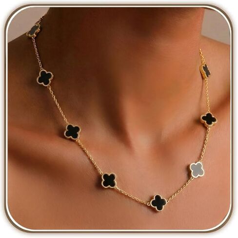 Billet-doux 18k Gold Plated Black Clover Necklace for Women, The Timelss Classic 10-Motif Four-Leaf White Clovers Link Chain, Adjustable size, Trendy Charm Jewelry Gifts for Her in Saudi Arabia