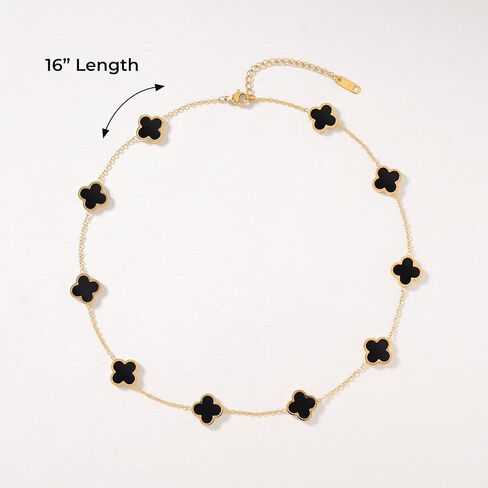 Billet-doux 18k Gold Plated Black Clover Necklace for Women, The Timelss Classic 10-Motif Four-Leaf White Clovers Link Chain, Adjustable size, Trendy Charm Jewelry Gifts for Her in Saudi Arabia