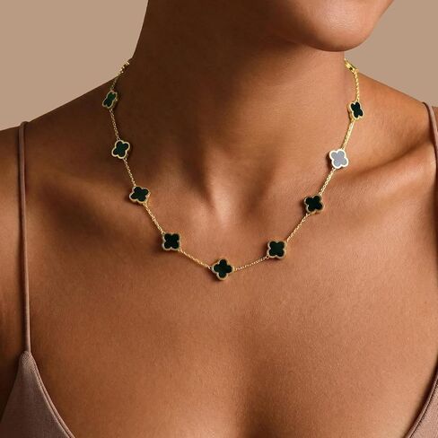 Billet-doux 18k Gold Plated Black Clover Necklace for Women, The Timelss Classic 10-Motif Four-Leaf White Clovers Link Chain, Adjustable size, Trendy Charm Jewelry Gifts for Her in Saudi Arabia