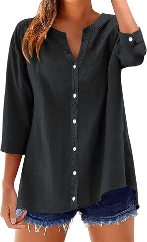 Womens Cotton Linen Button Down Shirts 3/4 Sleeve Casual Loose Fit V Neck Stylish Breathable Summer Spring Blouses Top in Saudi Arabia
