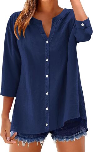 Womens Cotton Linen Button Down Shirts 3/4 Sleeve Casual Loose Fit V Neck Stylish Breathable Summer Spring Blouses Top in Saudi Arabia
