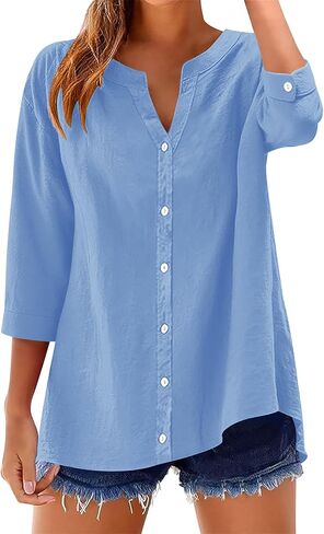 Womens Cotton Linen Button Down Shirts 3/4 Sleeve Casual Loose Fit V Neck Stylish Breathable Summer Spring Blouses Top in Saudi Arabia