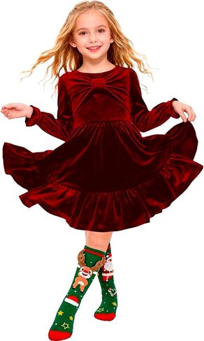 Girls Velvet Dress with Socks, Long Sleeve Tiered Ruffle Party Dress with Big Bow (Red/Green) in Saudi Arabia
