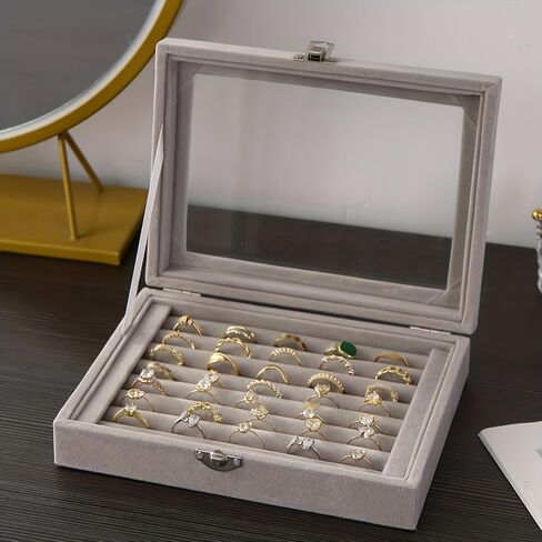 Rings Organizer Tray 7 Slots Velvet Jewelry Earring Storage Box with Transparent lid Jewelry Display Case for Girls Wife Mom Women in Saudi Arabia