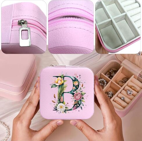 صندوق مجوهرات Monogram قابل للحمل، صندوق مجوهرات مطبوع، قطعة واحدة من صندوق مجوهرات وردي صغير الحجم، حقيبة مجوهرات للسفر، حقيبة سفر منظمة، صندوق تخزين، حامل مجوهرات للقلادة، الأقراط، الخواتم، السوار (حرف B) in Saudi Arabia