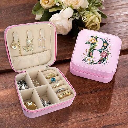 صندوق مجوهرات Monogram قابل للحمل، صندوق مجوهرات مطبوع، قطعة واحدة من صندوق مجوهرات وردي صغير الحجم، حقيبة مجوهرات للسفر، حقيبة سفر منظمة، صندوق تخزين، حامل مجوهرات للقلادة، الأقراط، الخواتم، السوار (حرف B) in Saudi Arabia