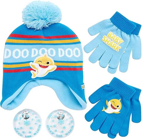 Nickelodeon Boy's Baby Shark Winter Hat and 2 Pairs of Mittens Set (Toddler/Little Boys), Size Age 2-7, Blue Glove with Handwarmers in Saudi Arabia
