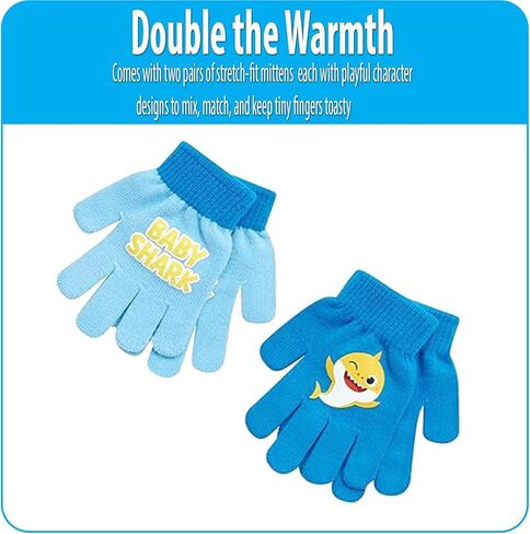 Nickelodeon Boy's Baby Shark Winter Hat and 2 Pairs of Mittens Set (Toddler/Little Boys), Size Age 2-7, Blue Glove with Handwarmers in Saudi Arabia