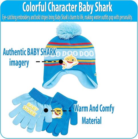 Nickelodeon Boy's Baby Shark Winter Hat and 2 Pairs of Mittens Set (Toddler/Little Boys), Size Age 2-7, Blue Glove with Handwarmers in Saudi Arabia