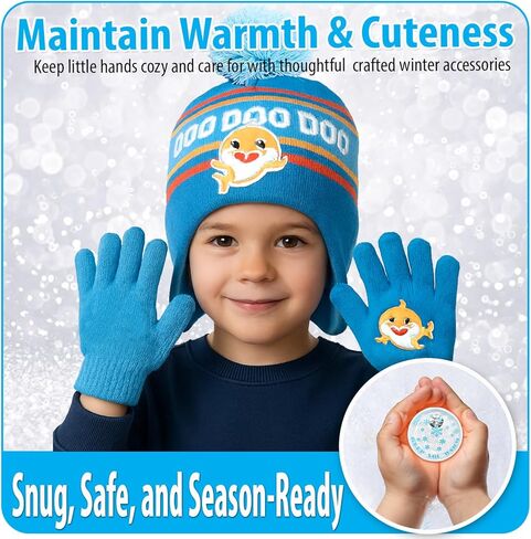 Nickelodeon Boy's Baby Shark Winter Hat and 2 Pairs of Mittens Set (Toddler/Little Boys), Size Age 2-7, Blue Glove with Handwarmers in Saudi Arabia