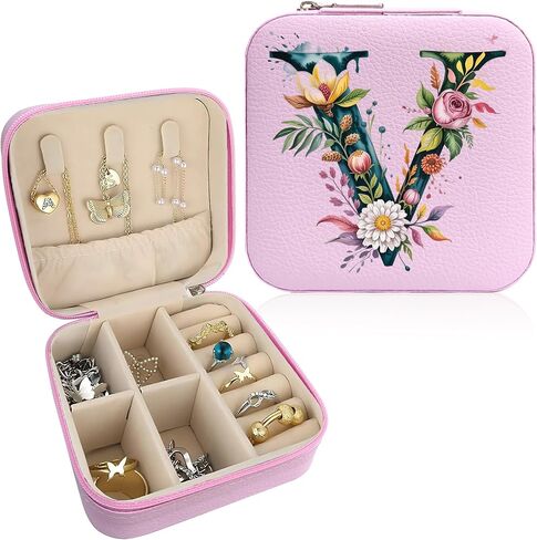 صندوق مجوهرات Monogram قابل للحمل، صندوق مجوهرات مطبوع، قطعة واحدة من صندوق مجوهرات وردي صغير الحجم، حقيبة مجوهرات للسفر، حقيبة سفر منظمة، صندوق تخزين، حامل مجوهرات للقلادة، الأقراط، الخواتم، السوار (حرف B) in Saudi Arabia
