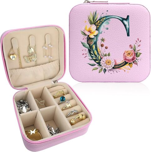 صندوق مجوهرات Monogram قابل للحمل، صندوق مجوهرات مطبوع، قطعة واحدة من صندوق مجوهرات وردي صغير الحجم، حقيبة مجوهرات للسفر، حقيبة سفر منظمة، صندوق تخزين، حامل مجوهرات للقلادة، الأقراط، الخواتم، السوار (حرف B) in Saudi Arabia