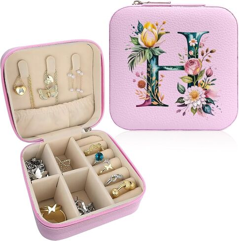 صندوق مجوهرات Monogram قابل للحمل، صندوق مجوهرات مطبوع، قطعة واحدة من صندوق مجوهرات وردي صغير الحجم، حقيبة مجوهرات للسفر، حقيبة سفر منظمة، صندوق تخزين، حامل مجوهرات للقلادة، الأقراط، الخواتم، السوار (حرف B) in Saudi Arabia