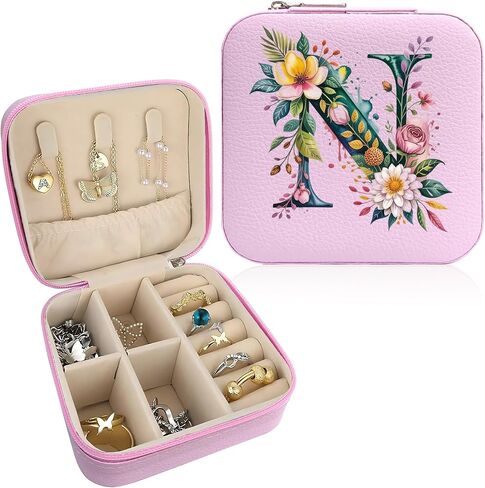 صندوق مجوهرات Monogram قابل للحمل، صندوق مجوهرات مطبوع، قطعة واحدة من صندوق مجوهرات وردي صغير الحجم، حقيبة مجوهرات للسفر، حقيبة سفر منظمة، صندوق تخزين، حامل مجوهرات للقلادة، الأقراط، الخواتم، السوار (حرف B) in Saudi Arabia
