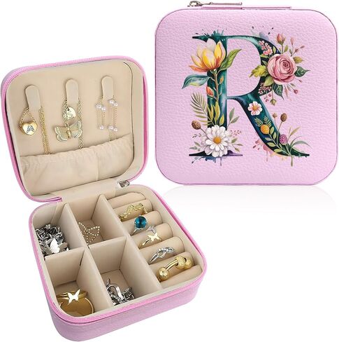 صندوق مجوهرات Monogram قابل للحمل، صندوق مجوهرات مطبوع، قطعة واحدة من صندوق مجوهرات وردي صغير الحجم، حقيبة مجوهرات للسفر، حقيبة سفر منظمة، صندوق تخزين، حامل مجوهرات للقلادة، الأقراط، الخواتم، السوار (حرف B) in Saudi Arabia