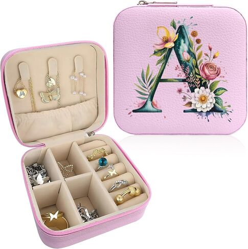 صندوق مجوهرات Monogram قابل للحمل، صندوق مجوهرات مطبوع، قطعة واحدة من صندوق مجوهرات وردي صغير الحجم، حقيبة مجوهرات للسفر، حقيبة سفر منظمة، صندوق تخزين، حامل مجوهرات للقلادة، الأقراط، الخواتم، السوار (حرف B) in Saudi Arabia