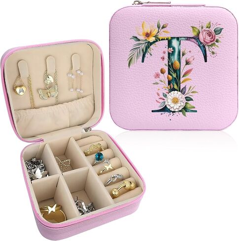 صندوق مجوهرات Monogram قابل للحمل، صندوق مجوهرات مطبوع، قطعة واحدة من صندوق مجوهرات وردي صغير الحجم، حقيبة مجوهرات للسفر، حقيبة سفر منظمة، صندوق تخزين، حامل مجوهرات للقلادة، الأقراط، الخواتم، السوار (حرف B) in Saudi Arabia