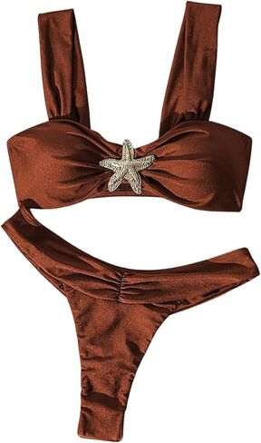 OYOANGLE Bikini Set for Women Two Piece Swimsuits Embroidery Starfish Decor Wide Strap Ruched Bathing Suits in Saudi Arabia