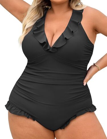 One Piece Swimsuit Women Plus Size Deep V Ruffle Neck Bathing Suit Cross Straps Tummy Control Modest Swimwear XL in Saudi Arabia