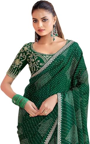 ساري MAHEK Bandhani للسيدات الهندي التقليدي مع الدانتيل، ملابس الحفلات وحفلات الزفاف شيفون Bandhani saree89 in Kuwait