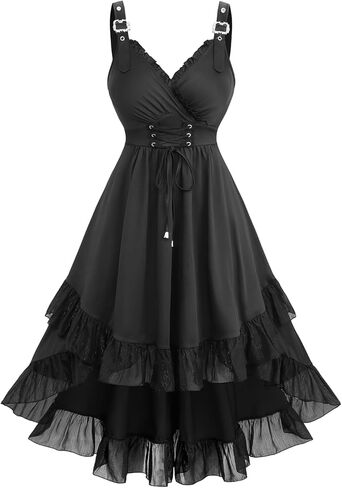 ROSE GAL Plus Size Romantic Goth Sleeveless Dress for Women Lace-up Layered Ruffle High Low Hem Maxi Flowy Tank Dress in Saudi Arabia