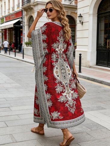 Floral Print Long Caftan Tunic Dress Nightdress Beach Maxi Kaftan Nightwear Plus Size Cover Up Women in Saudi Arabia